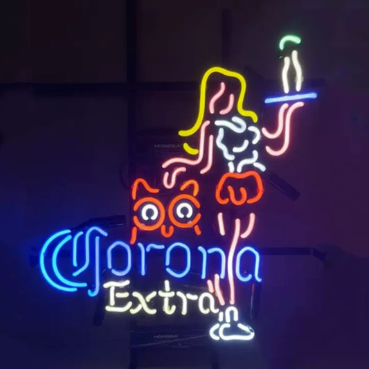 Light Up Corona Extra Cocktail Girl Waitress Owl Beer Sign - Vintage style Handmade Glass Neon Lamps - Bar/Business Logo decor 19"x15"