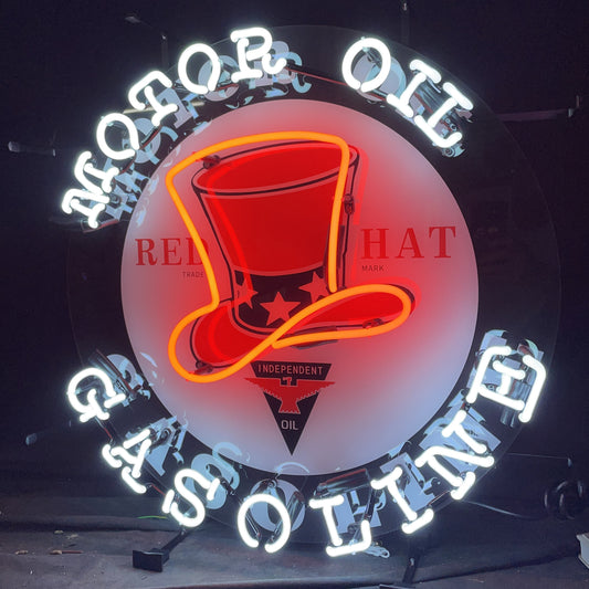 Light Up RED HAT Gasoline Motor Oil Garage Car Auto Sign - Vintage style Handmade Glass Neon Lamps - Bar/Business Logo decor 24"x24"