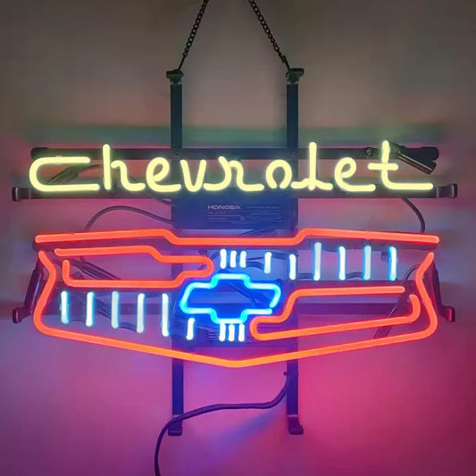 Light Up Chevrolet Grill Auto Racing Car Sign - Vintage style Handmade Glass Neon Lamps - Bar/Business Logo decor 19"x15"