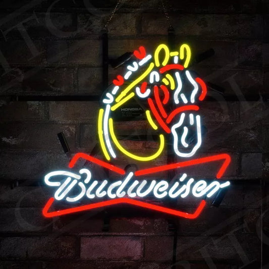 Light Up Budweiser Beer Clydesdale Horse Sign - Vintage style Handmade Glass Neon Lamps - Bar/Business Logo decor 19"x15"