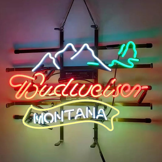 Light Up Montana Budweiser Beer Mountain Sign - Vintage style Handmade Glass Neon Lamps - Bar/Business Logo decor 19"x15"