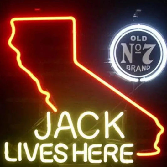 Light Up California Jack Daniels Old No 7 Jack Lives Here Sign - Vintage style Handmade Glass Neon Lamps - Bar/Business Logo decor 20"x16"