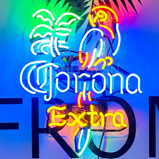 Light Up Corona Beer Extra Parrot Palm Tree Sign - Vintage style Handmade Glass Neon Lamps - Bar/Business Logo decor 20"