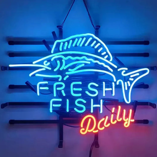 Light Up Fresh Fish Daily Swordfish Sign - Vintage style Handmade Glass Neon Lamps - Bar/Business Logo decor 19"x15"