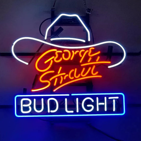 Light Up Bud Light Beer George Straight Hat Sign - Vintage style Handmade Glass Neon Lamps - Bar/Business Logo decor 19"x15"