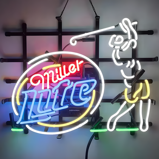 Light Up Miller Lite Beer Golfing Golfer Sign - Vintage style Handmade Glass Neon Lamps - Bar/Business Logo decor 24"