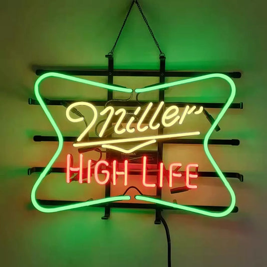 Light Up Miller Lite High Life Beer Sign - Vintage style Handmade Glass Neon Lamps - Bar/Business Logo decor 19"x15"