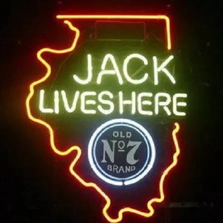 Light Up Illinois Jack Daniels Old No 7 Jack Lives Here Sign - Vintage style Handmade Glass Neon Lamps - Bar/Business Logo decor 20"x16"