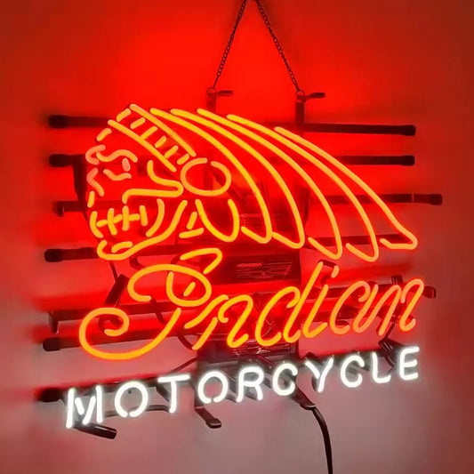 Light Up Indian Motorcycle Biker Auto Sign - Vintage style Handmade Glass Neon Lamps - Bar/Business Logo decor 24"x20"