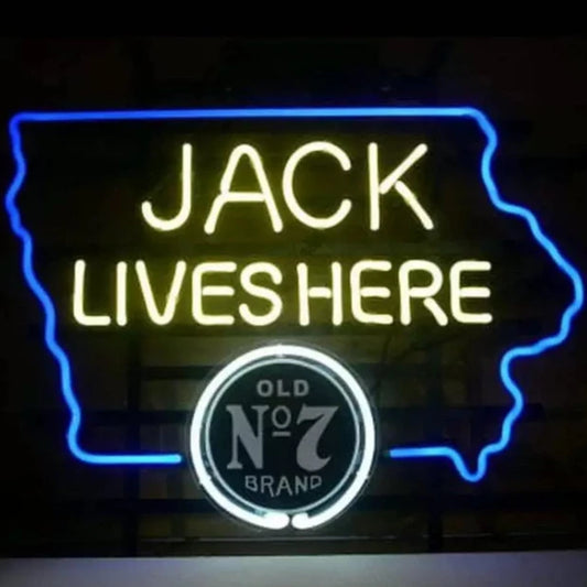 Light Up Iowa Jack Daniels Old No 7 Jack Lives Here Sign - Vintage style Handmade Glass Neon Lamps - Bar/Business Logo decor 20"x16"