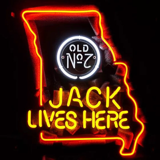 Light Up Missouri Jack Daniels Old No 7 Jack Lives Here Sign - Vintage style Handmade Glass Neon Lamps - Bar/Business Logo decor 17"x14"