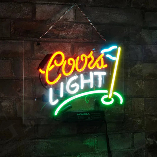 Light Up Coors Light Golf Flag Sign - Vintage style Handmade Glass Neon Lamps - Bar/Business Logo decor 13"