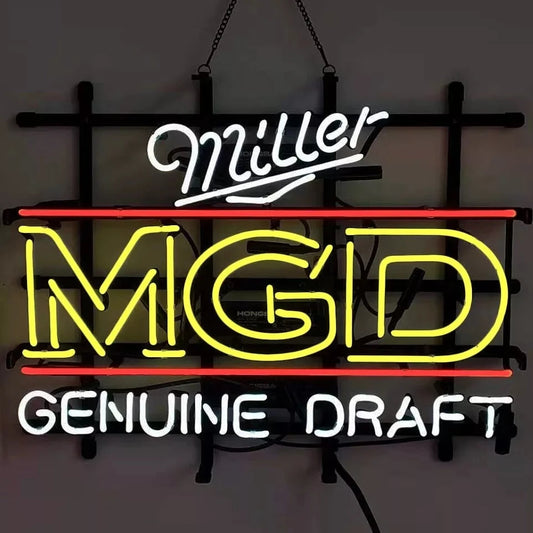 Light Up MGD Miller Genuine Draft Beer Sign - Vintage style Handmade Glass Neon Lamps - Bar/Business Logo decor 19"x15"