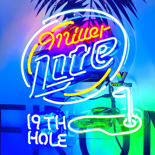 Light Up 19th Hole Miller Lite Golf Beer Sign - Vintage style Handmade Glass Neon Lamps - Bar/Business Logo decor 20"x16"