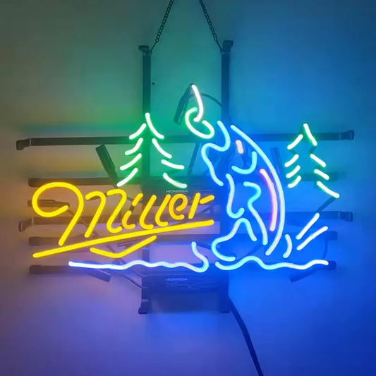 Light Up Miller Lite Fish Hook Beer Fishing Sign - Vintage style Handmade Glass Neon Lamps - Bar/Business Logo decor 24"