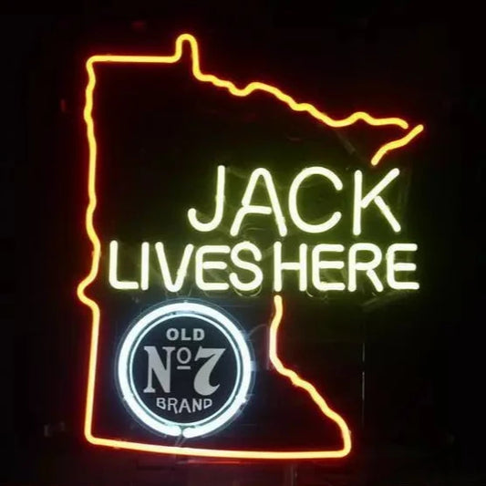 Light Up Minnesota Jack Daniels Old No 7 Jack Lives Here Sign - Vintage style Handmade Glass Neon Lamps - Bar/Business Logo decor 20"x16"