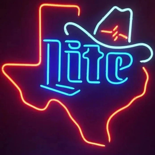 Light Up Miller Lite Beer Texas State Cowboy Sign - Vintage style Handmade Glass Neon Lamps - Bar/Business Logo decor 20"x16"