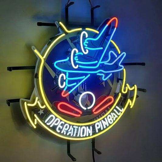 Light Up Operation Pinball Airplane Arcade Flippers Sign - Vintage style Handmade Glass Neon Lamps - Bar/Business Logo decor 24"x24"