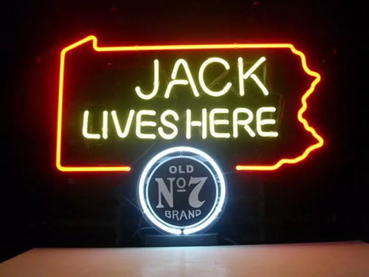 Light Up Pennsylvania Jack Daniels Old No 7 Jack Lives Here Sign - Vintage style Handmade Glass Neon Lamps - Bar/Business Logo decor 20"x16"