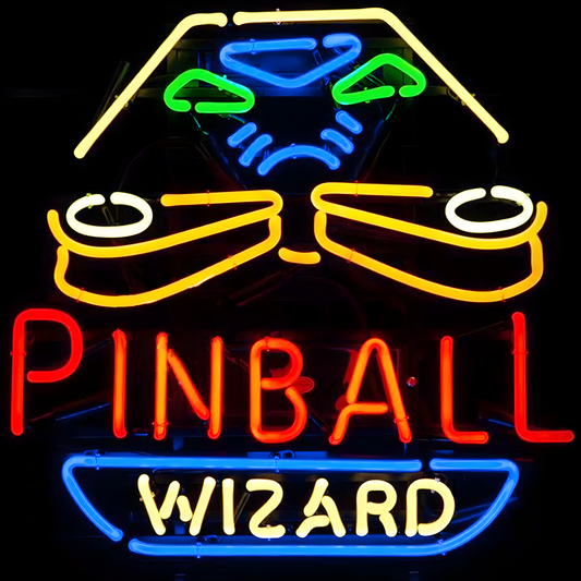 Light Up PINBALL Flippers WIZARD Arcade Machine Game Room Sign - Vintage style Handmade Glass Neon Lamps - Bar/Business Logo decor ~18"