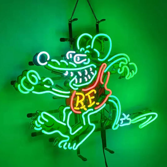 Light Up Car Auto Rat Fink Hot Rod R.F. Garage Sign - Vintage style Handmade Glass Neon Lamps - Bar/Business Logo decor 24"