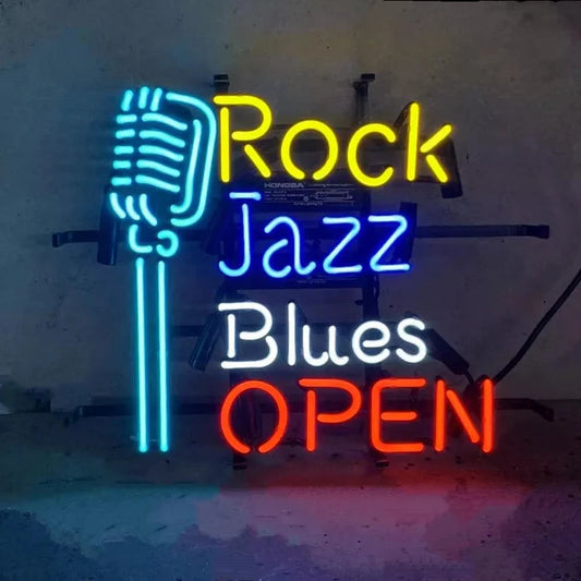 Light Up Karaoke Mic Rock Jazz Blues Open Sign - Vintage style Handmade Glass Neon Lamps - Bar/Business Logo decor 17"