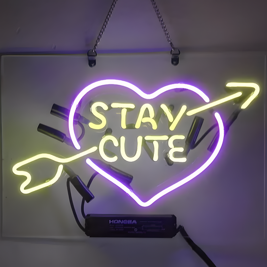 Light Up Arrow Love Heart STAY CUTE Sign - Vintage style Handmade Glass Neon Lamps - Bar/Business Logo decor 14"x9"