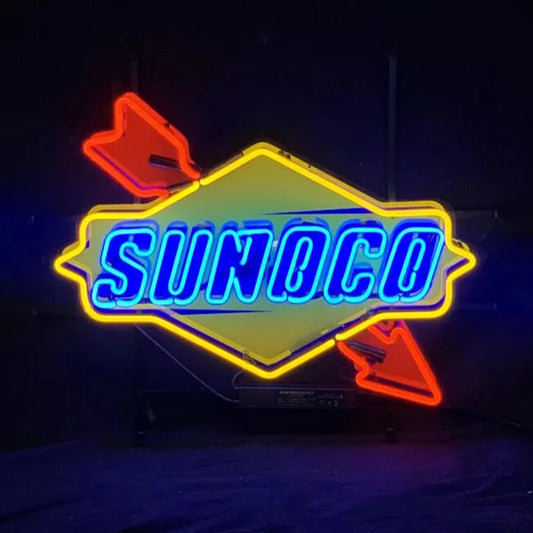 Light Up Sunoco Gas Station Motor Oil Car Auto Garage Sign - Vintage style Handmade Glass Neon Lamps - Bar/Business Logo decor 24"x20"