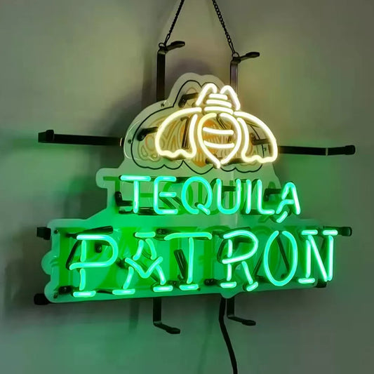 Light Up Tequila Patron Bee Sign - Vintage style Handmade Glass Neon Lamps - Bar/Business Logo decor 19"x15"