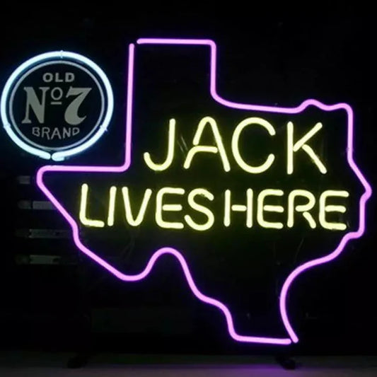 Light Up Texas Jack Daniels Old No 7 Jack Lives Here Sign - Vintage style Handmade Glass Neon Lamps - Bar/Business Logo decor 20"x16"