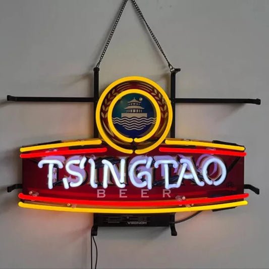 Light Up Tsingtao China Beer Sign - Vintage style Handmade Glass Neon Lamps - Bar/Business Logo decor 19"x15"