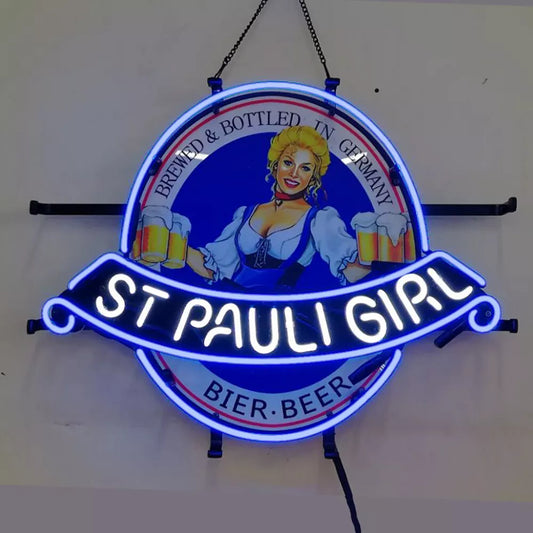 Light Up St Pauli Girl Germany Beer Sign - Vintage style Handmade Glass Neon Lamps - Bar/Business Logo decor 19"x15"