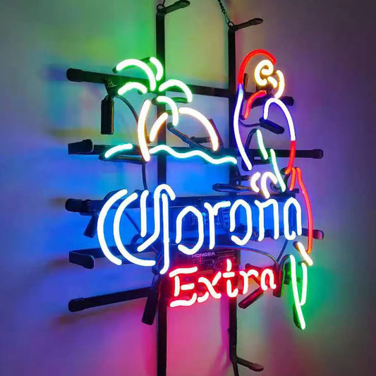 Light Up Corona Beer Extra Parrot Palm Tree Sign - Vintage style Handmade Glass Neon Lamps - Bar/Business Logo decor 19"x15"