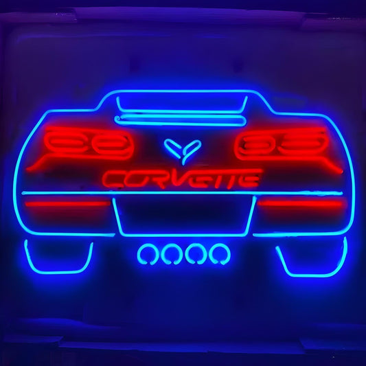 Light Up Corvette Auto Garage Sports Car Sign - Vintage style Handmade Glass Neon Lamps - Bar/Business Logo decor 24"x20"