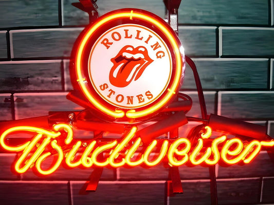 Light Up Budweiser Rolling Stones Sign - Vintage style Handmade Glass Neon Lamps - Bar/Business Logo decor 14"x10"