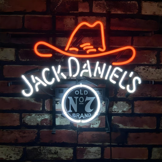 Light Up Jack Daniels Hat Sign - Vintage style Handmade Glass Neon Lamps - Bar/Business Logo decor 17"