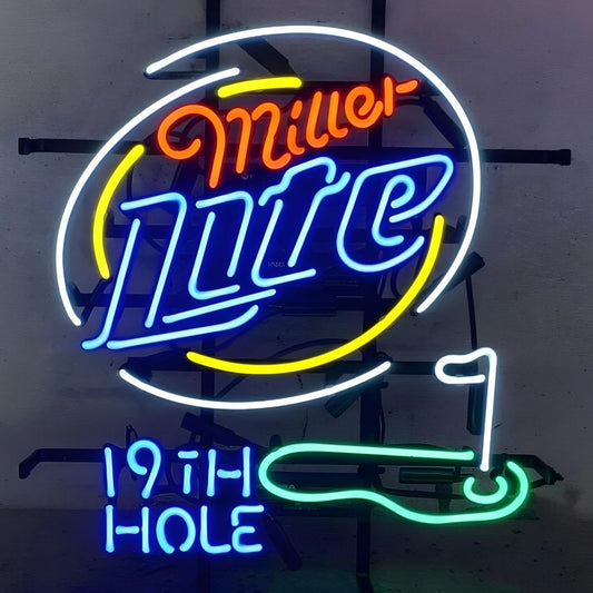 Light Up Miller Lite 19th Hole Golf Sign - Vintage style Handmade Glass Neon Lamps - Bar/Business Logo decor 15"x19"