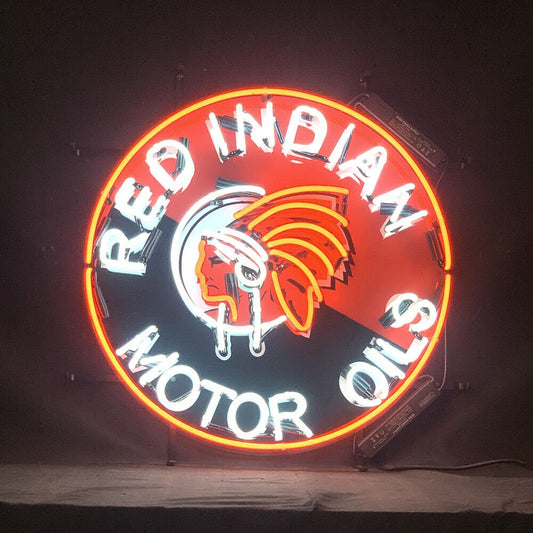 Light Up Red Indian Motor Oils Sign - Vintage style Handmade Glass Neon Lamps - Bar/Business Logo decor 24"