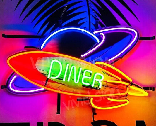 Light Up Rocket Diner Saturn Sign - Vintage style Handmade Glass Neon Lamps - Bar/Business Logo decor 20"x15"