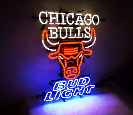 Light Up Bulls Bud Light Sign - Vintage style Handmade Glass Neon Lamps - Bar/Business Logo decor 24"