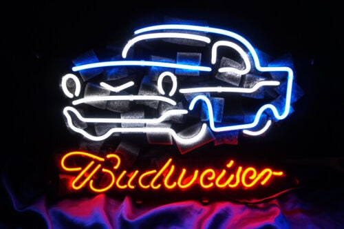 Light Up Budweiser Car Automobile Sign - Vintage style Handmade Glass Neon Lamps - Bar/Business Logo decor 24"x20"