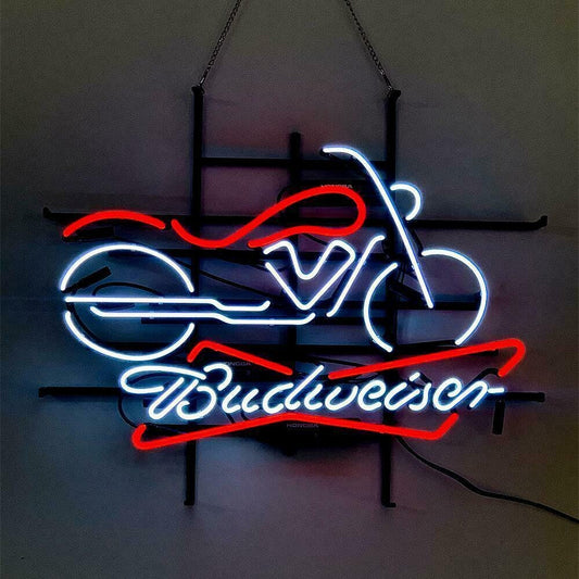 Light Up Budweiser Motorcycle Sign - Vintage style Handmade Glass Neon Lamps - Bar/Business Logo decor 24"x20"