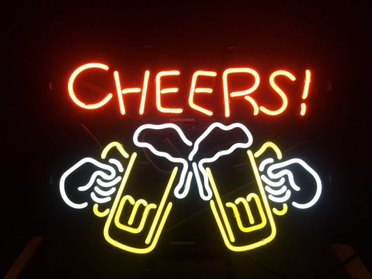 Light Up CHEERS Mugs Sign - Vintage style Handmade Glass Neon Lamps - Bar/Business Logo decor 13"x16"