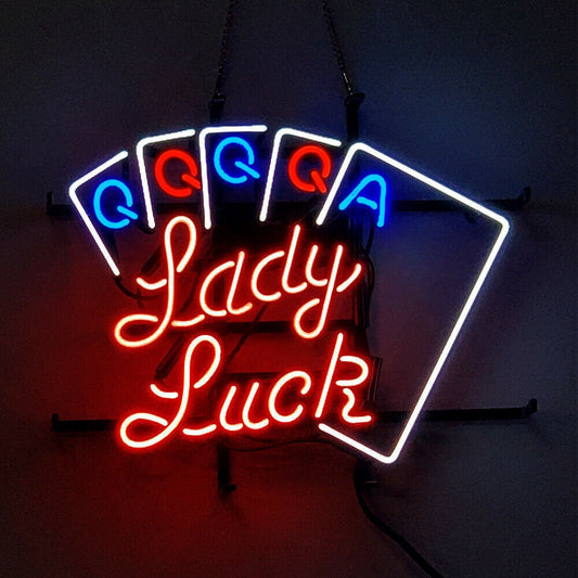 Light Up Poker Cards Lady Luck Sign - Vintage style Handmade Glass Neon Lamps - Bar/Business Logo decor 17"x14"