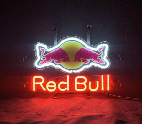 Light Up Red Bull Sign - Vintage style Handmade Glass Neon Lamps - Bar/Business Logo decor 14"x10"