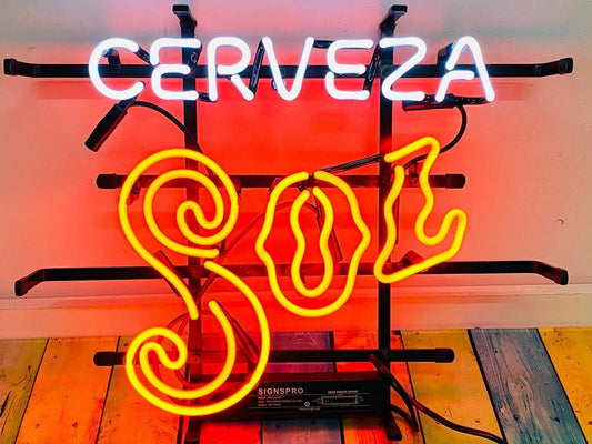 Light Up Cerveza Sol Sign - Vintage style Handmade Glass Neon Lamps - Bar/Business Logo decor 17"x14"