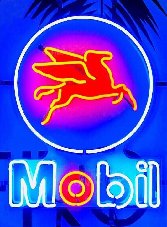 Light Up Mobil Pegasus Oil Gasoline Sign - Vintage style Handmade Glass Neon Lamps - Bar/Business Logo decor 24"