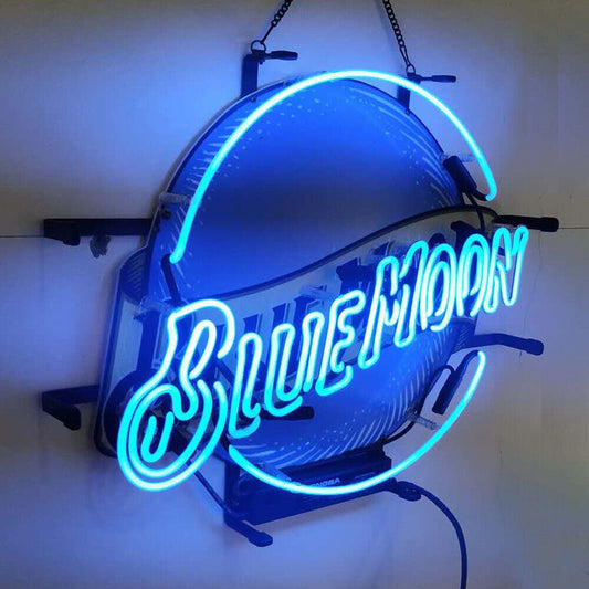 Light Up Blue Moon Beer Sign - Vintage style Handmade Glass Neon Lamps - Bar/Business Logo decor 24"x20"