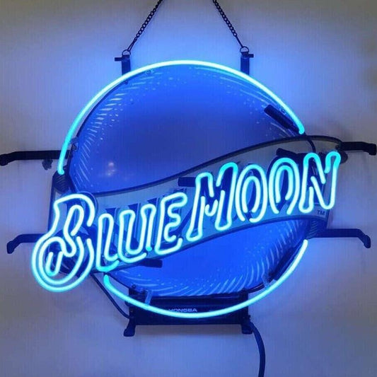 Light Up Blue Moon Beer Sign - Vintage style Handmade Glass Neon Lamps - Bar/Business Logo decor 19"x15"