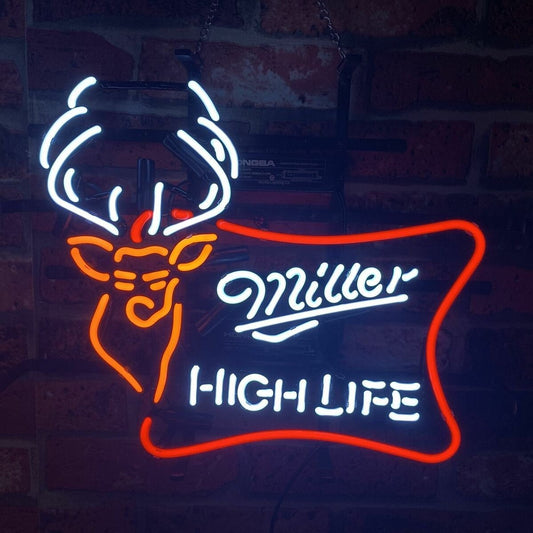 Light Up Miller Lite Beer Deer High Life Sign - Vintage style Handmade Glass Neon Lamps - Bar/Business Logo decor 17"x13"